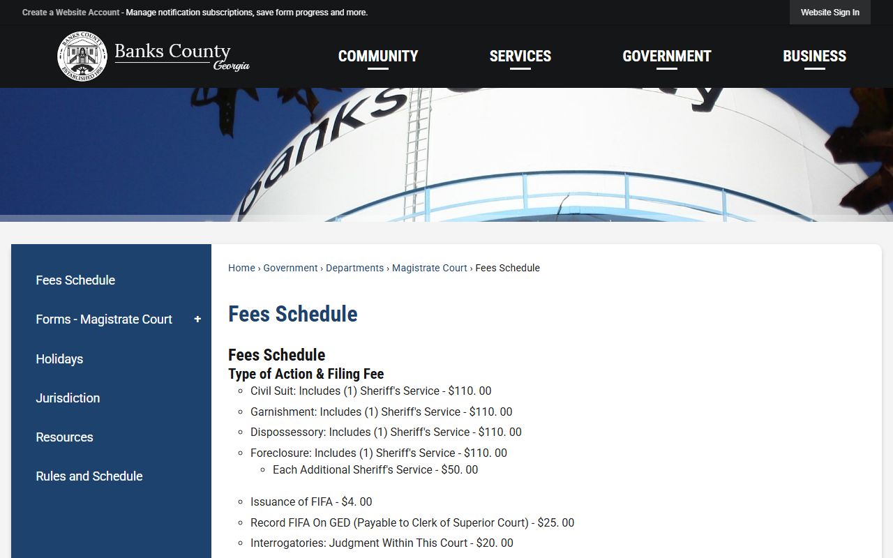 Banks County court dockets Magistrate Court fee schedule