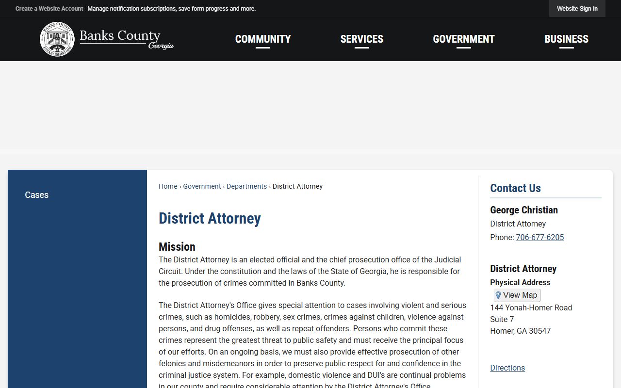 Banks County criminal court records District Attorney page