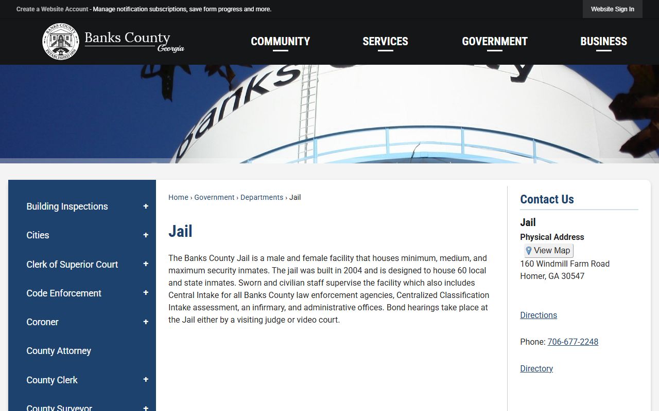 Banks County Jail page with facility details