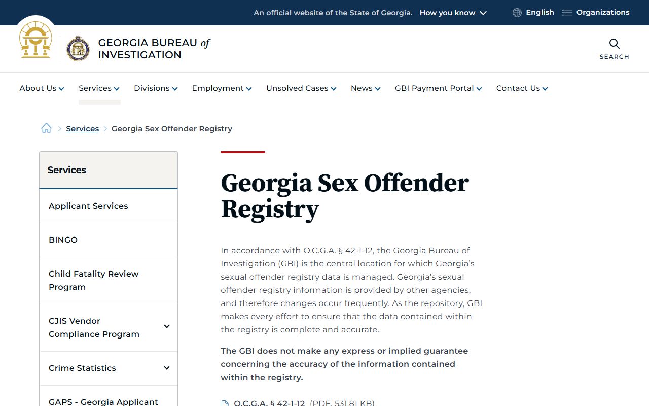 Georgia Bureau of Investigation sex offender registry page