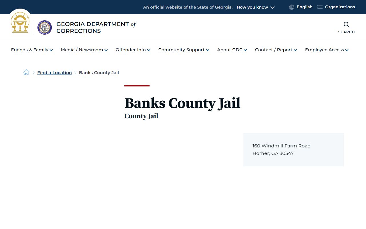 Georgia Department of Corrections Banks County Jail location page