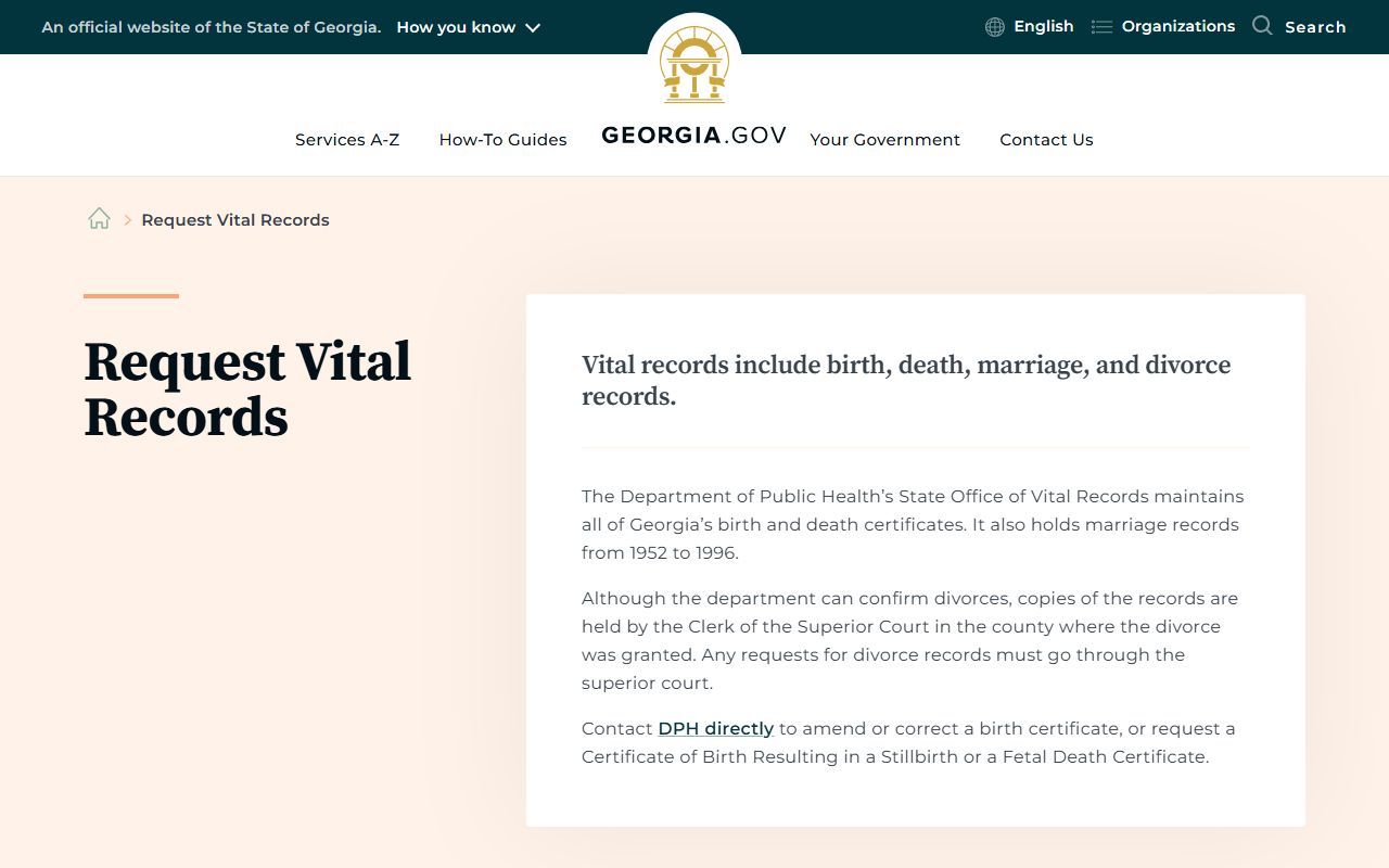 Georgia vital records request page explaining divorce record routing