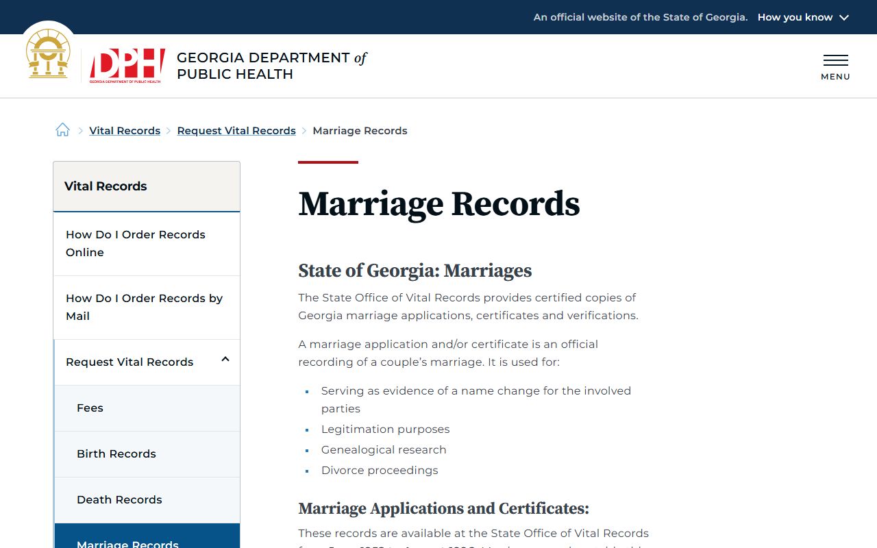 Georgia DPH marriage records page