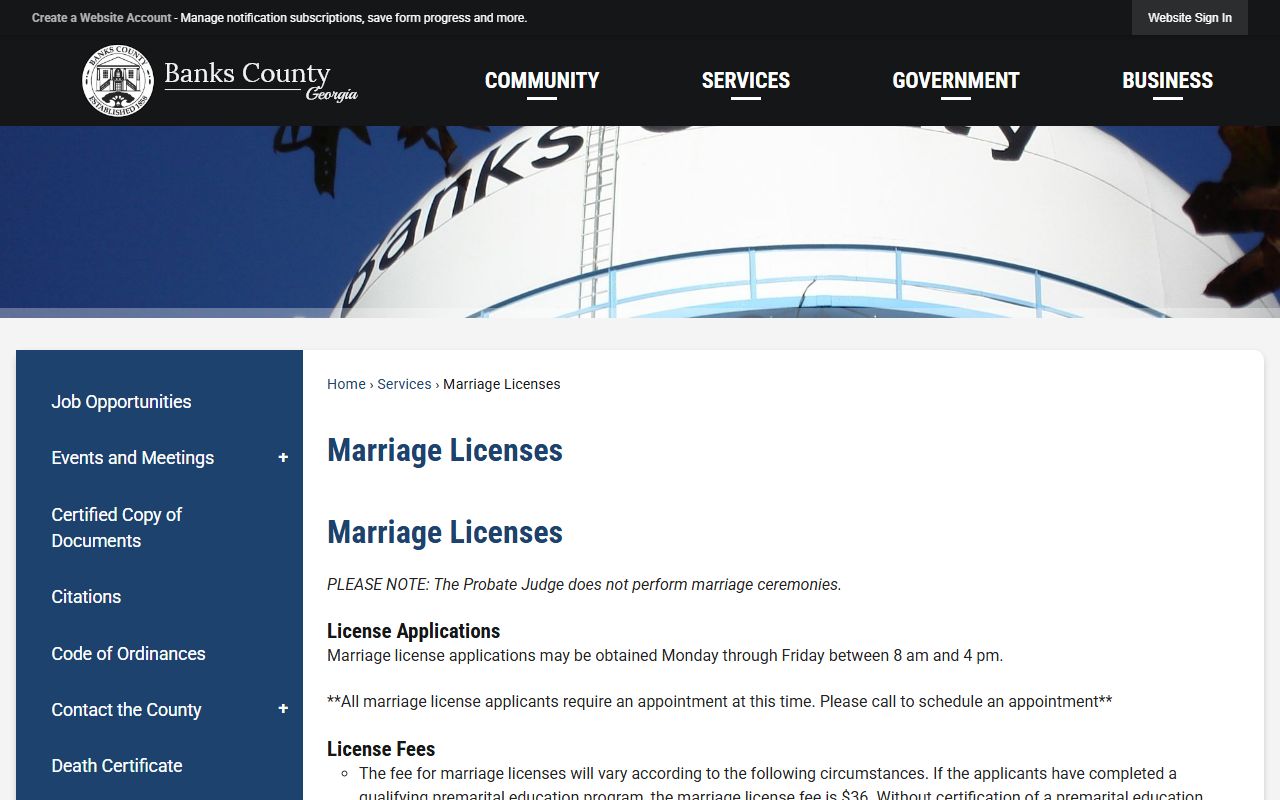 Banks County marriage license appointment page