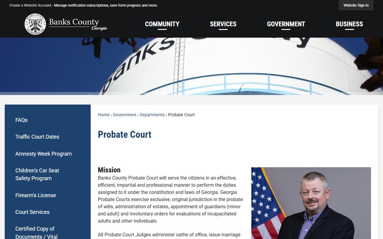 Banks County Probate Court page with judge and contact details