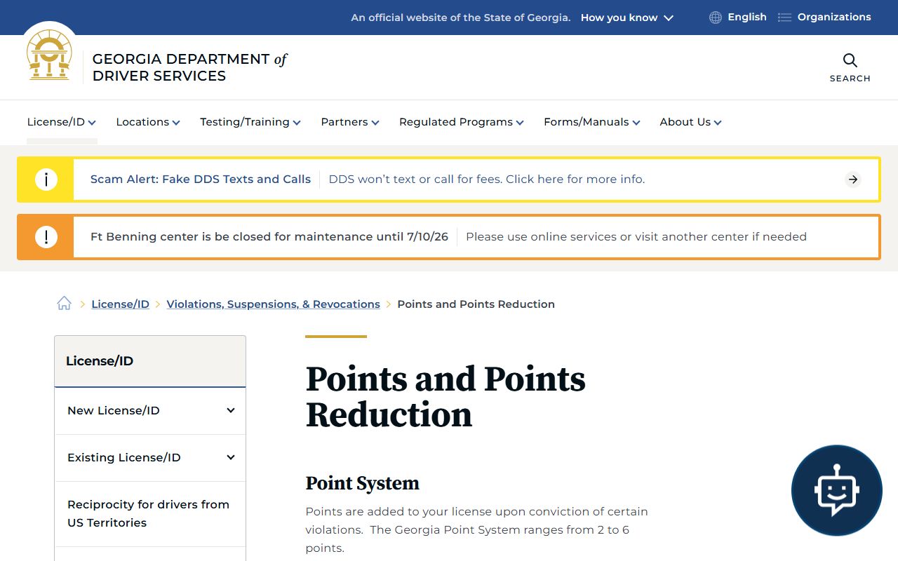 Georgia DDS points and points reduction page